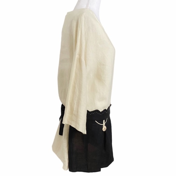 MISS PATINA VINTAGE 100% LINEN CREAM NAVY SCALLOPED SHIFT DRESS - S/P - Picture 2 of 11